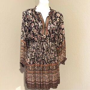 Anthropologie Current Air Alyce Floral Smocked Long Sleeve pleated Mini Dress